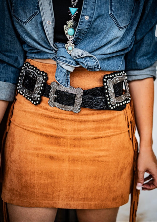 Black Tooled Square Concho Belt